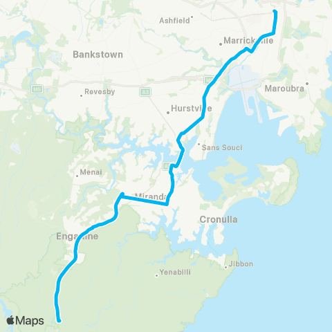 Temporary buses Central, then Miranda, all stations to Sutherland, all stations to Waterfall map
