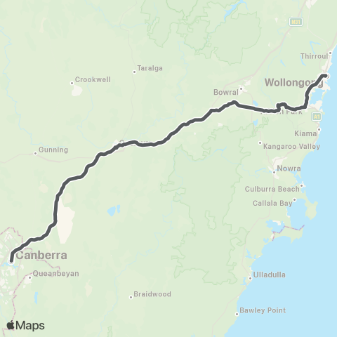 Private coach services Wollongong to Canberra map
