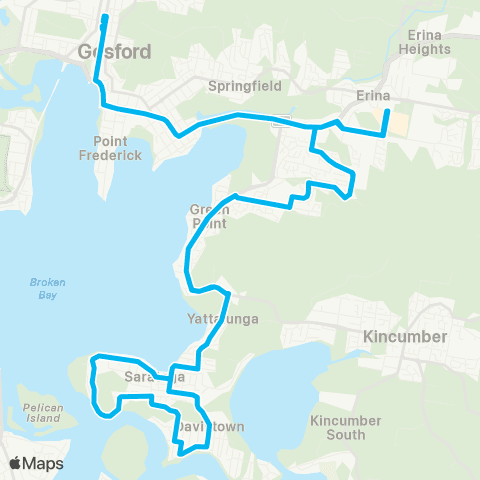 Central Coast Buses Network Gosford to Saratoga & Davistown via Green Pt & Erina Fair (Loop Service) map