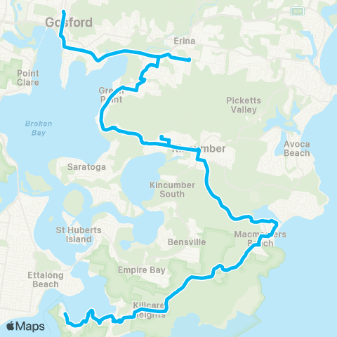 Central Coast Buses Network Wagstaffe to Gosford via Macmasters Bch & Kincumber map