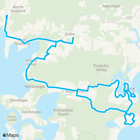 Central Coast Buses Network Gosford to Avoca Bch & Copacabana via Kincumber & Green Pt (Loop Service) map