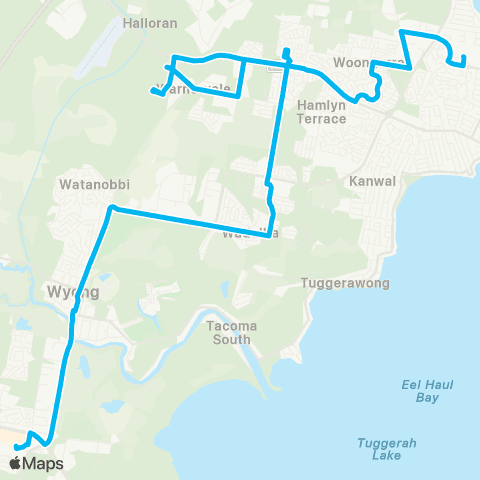 Central Coast Buses Network Tuggerah to Lk Haven via Wadalba & Warnervale map