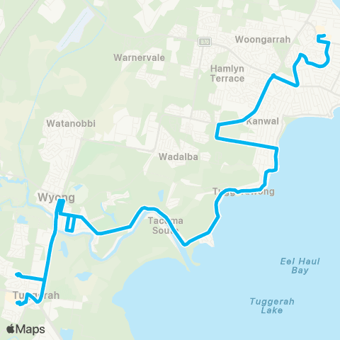 Central Coast Buses Network Lk Haven to Tuggerah via Wyongah, Tuggerawong & Tacoma map