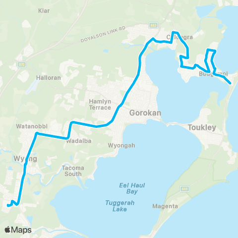 Central Coast Buses Network Budgewoi to Tuggerah via San Remo & Wyong map
