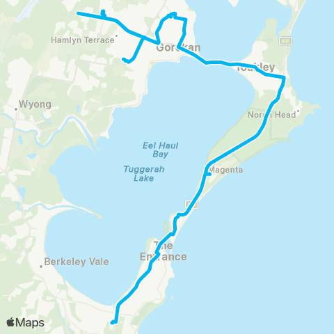Central Coast Buses Network Bay Village to Wyong Hosp via Lake Haven map