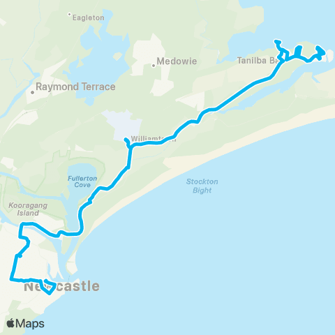 Hunter Buses Network Newcastle Interchange to Lemon Tree Passage via Airport map