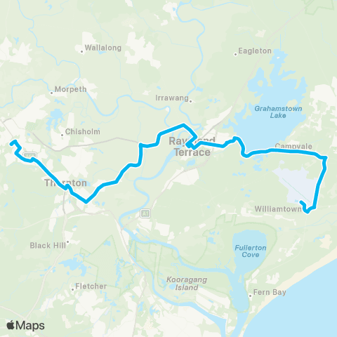 Hunter Buses Network Newcastle Airport to Green Hills Shopping Ctr  via Raymond Ter map
