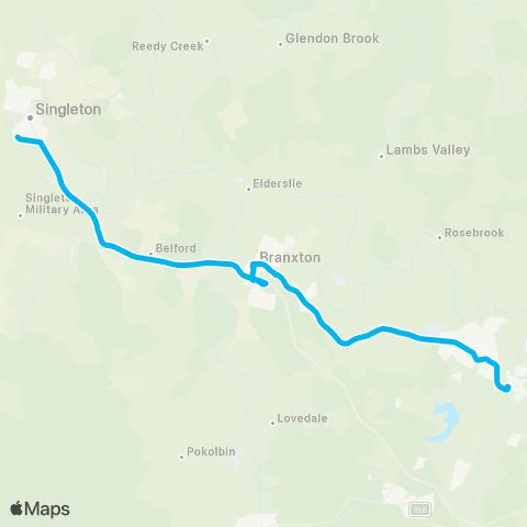 Hunter Buses Network Singleton Sta to Maitland Sta (Exp Service) map