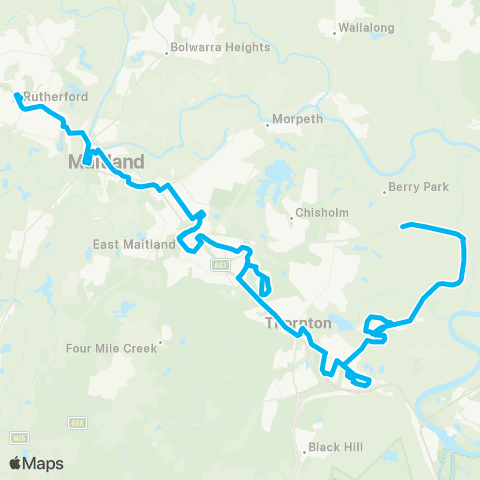 Hunter Buses Network Rutherford to Woodberry via Maitland, Green Hills Shopping Ctr & Beresfield map