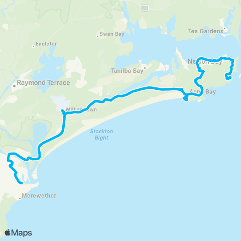 Hunter Buses Network Fingal Bay to Newcastle via Gan Gan Rd map