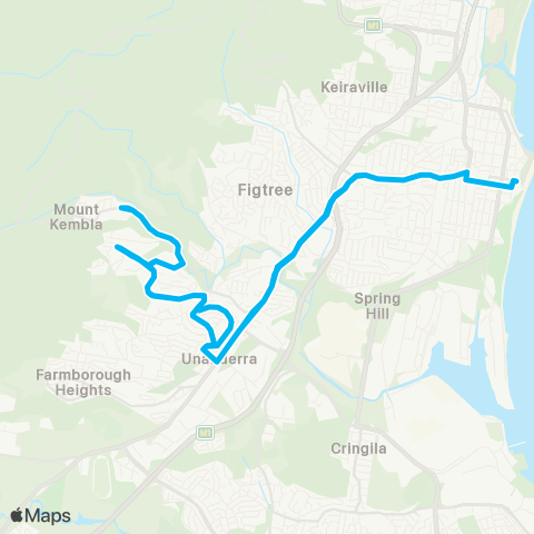 Illawarra Buses Network Wollongong to Kembla Hts via Cordeaux Hts (Loop Service) map