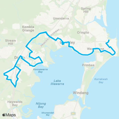 Illawarra Buses Network Port Kembla to Mt Brown (Loop Service) map