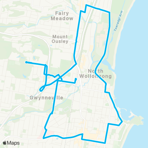 Illawarra Buses Network Univ of Wollongong to Wollongong via Gwynneville (Loop Service) map