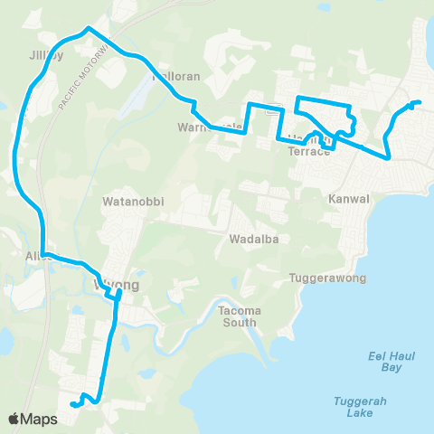 Central Coast Buses Network Lake Haven to Tuggerah via Warnervale map