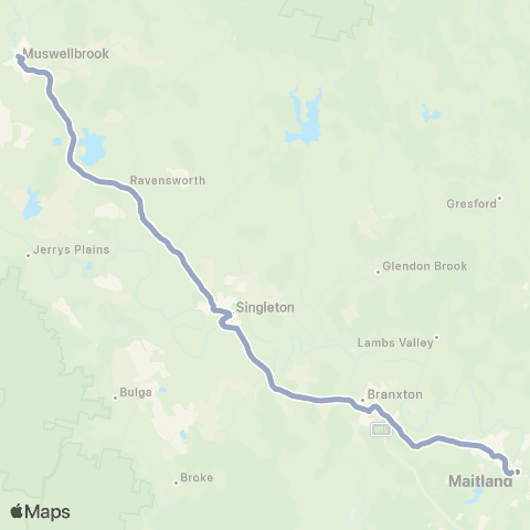 Temporary Buses Muswellbrook, then Singleton, Maitland and return map