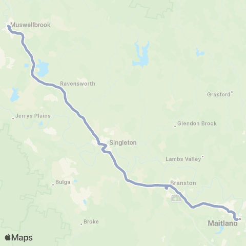 Temporary Buses Muswellbrook, then all stations to Maitland and return map