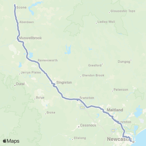 Temporary Buses Scone, then all stations to Maitland, Victoria St, all to Beresfield, Warabrook all to Newcastle and return map