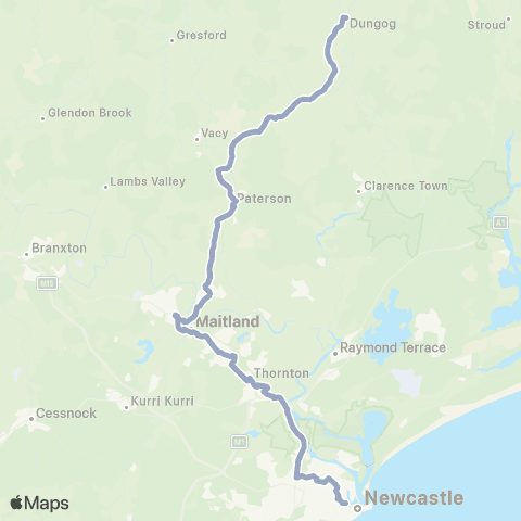 Temporary Buses Dungog all stations to Maitland, Victoria St, then all stations to Beresfield, Warabrook, then all stations to Newcastle Interchange and return map