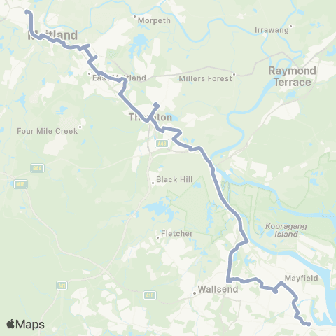 Temporary Buses Telarah, all stations to Newcastle Interchange and return map