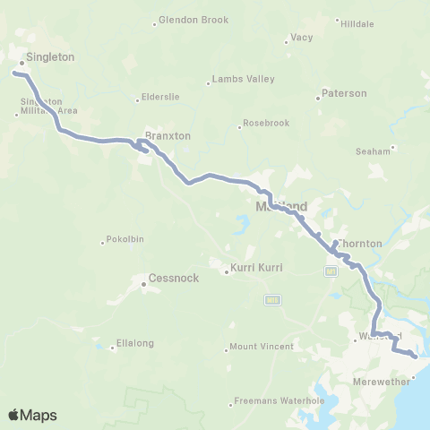 Temporary Buses Singleton, all stations to Lochinvar, Maitland, Victoria St, then all stations to Beresfield, Warabrook, then all stations to Newcastle Interchange and return map