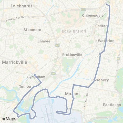 Temporary Buses Sydenham, then Wolli Creek, Int Airport, Domestic Airport, Mascot, Green Square, Central and return map