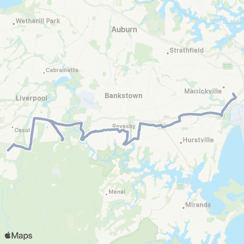 Temporary Buses Sydenham, Kingsgrove, then all stations to Glenfield and return map