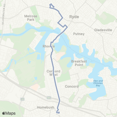 Temporary Buses W Ryde, then all stations to Strathfield and return map