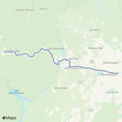 Temporary Buses Katoomba, then all stations to Penrith, Parramatta and return map