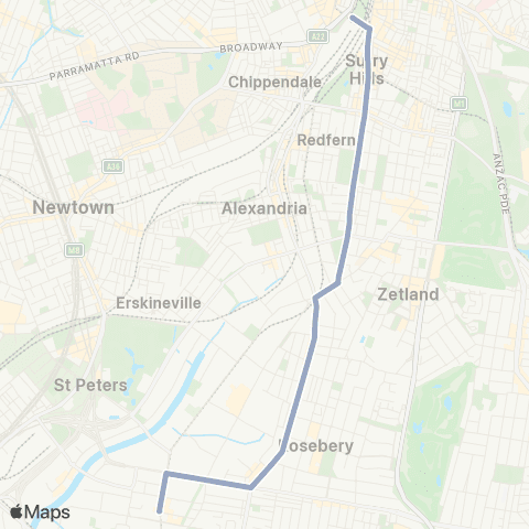 Temporary Buses Mascot, then Green Square, Central and return map