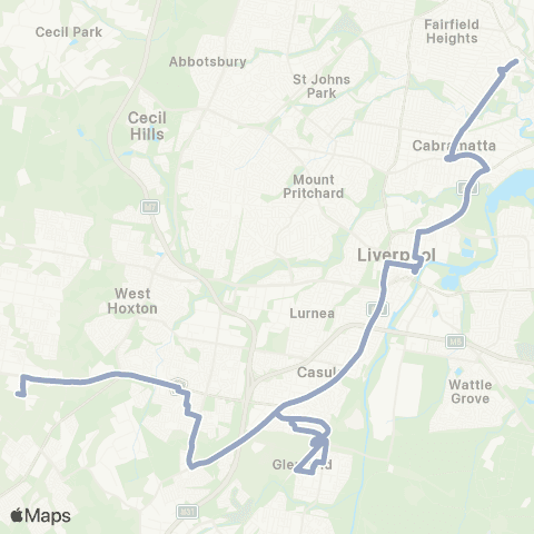 Temporary Buses Leppington, then all stations to Fairfield and return map