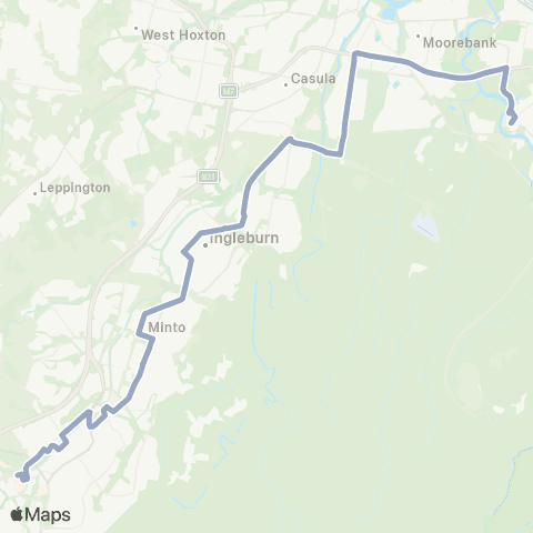 Temporary Buses Macarthur, then all stations to Glenfield, then E Hills and return map