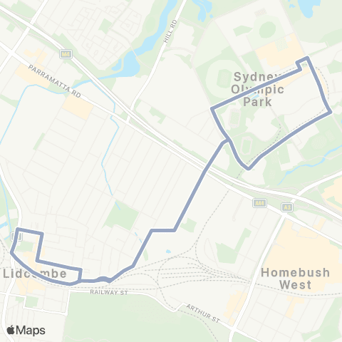 Temporary Buses Lidcombe to Olympic Park and return map