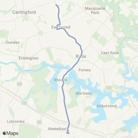 Temporary Buses Epping, then Eastwood, Concord W, Nth Strathfield, Strathfield and return map