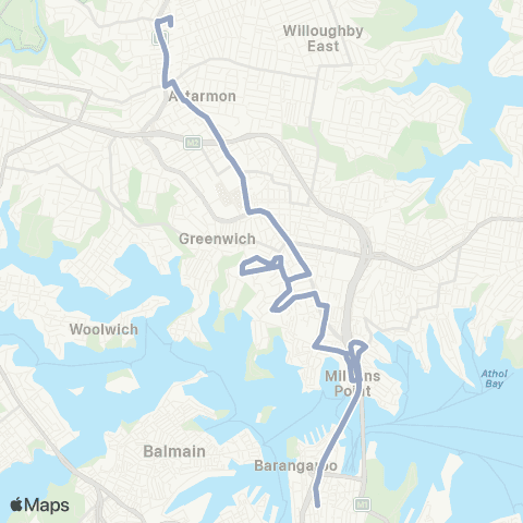Temporary Buses Chatswood, all stations to Milsons Pt via Crows Nest and Victoria Cross Stns map