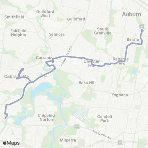 Temporary Buses Liverpool, all stations to Lidcombe via Regents Pk and return map