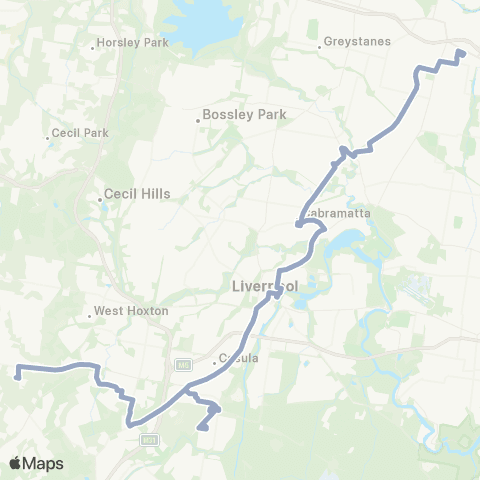 Temporary Buses Leppington, then all stations to Granville and return map