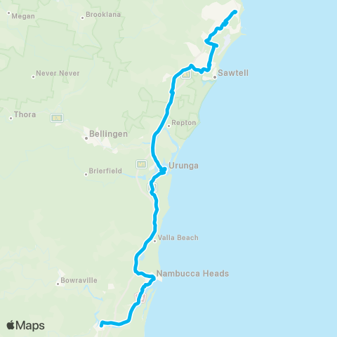 North Coast Network Macksville to Pk Bch Plaza via Nambucca Heads, Urunga & Toormina map