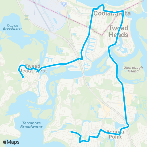 North Coast Network Banora Point to Tweed Heads W via Tweed Mall & Coolangatta map