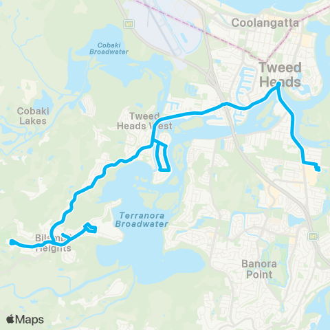 North Coast Network Bilambil Hts to Tweed City via Tweed Heads W and Kennedy Dr map