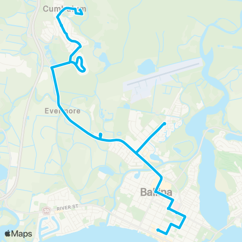 North Coast Network Ballina to Cumbalum via North Creek Rd map