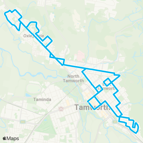 New England North West Network Tamworth to Oxley Vale via Tamworth Hosp (Loop Service) map