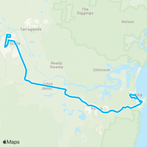 South East and Tablelands Network Tathra to Bega via SE Regional Hosp & Auckland St map