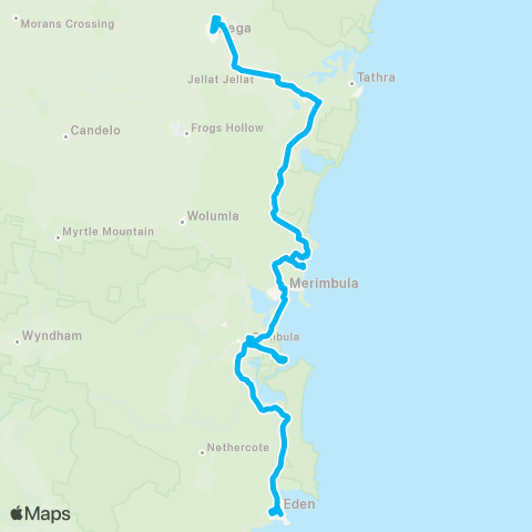 South East and Tablelands Network Bega to Eden via Kalaru & Tura Beach map