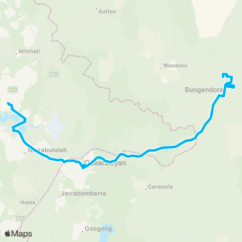 South East and Tablelands Network Bungendore to Canberra CBD via Queanbeyan & Russell (Exp Service) map
