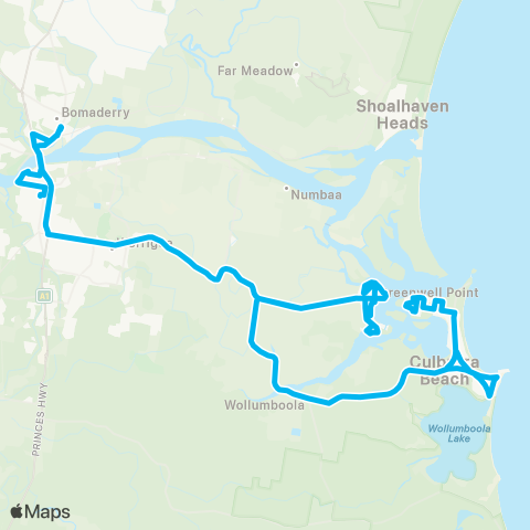 Sydney and Surrounds Network Orient Point to Bomaderry Sta via Culburra Bch & Nowra map