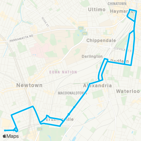 Sydney Buses Network Marrickville Metro to Central Eddy Ave via Redfern (Loop Service) map