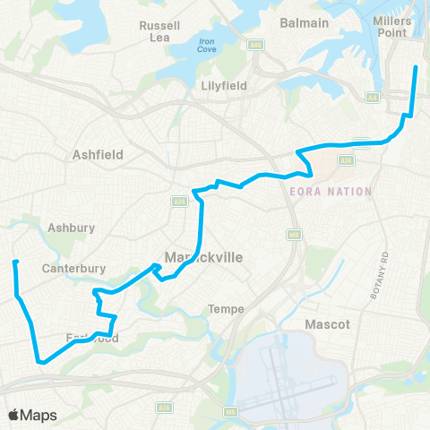 Sydney Buses Network Campsie to City Martin Pl via Earlwood & Dulwich Hill map