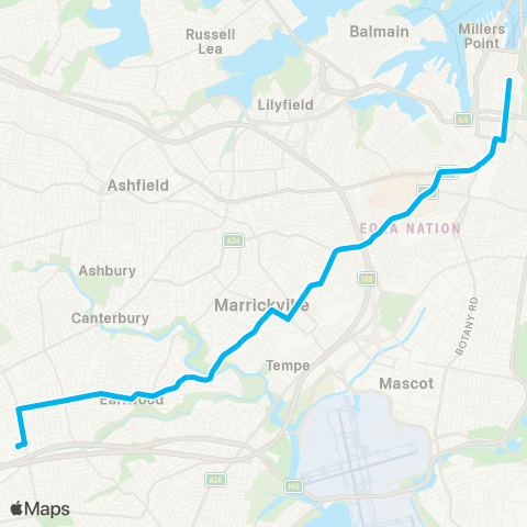 Sydney Buses Network Kingsgrove to City Martin Pl (Exp Service) map