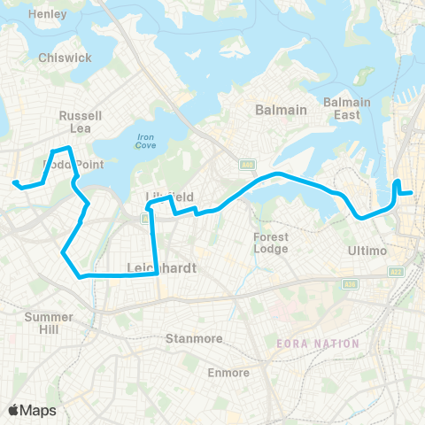 Sydney Buses Network Five Dock to City QVB via City West Link map