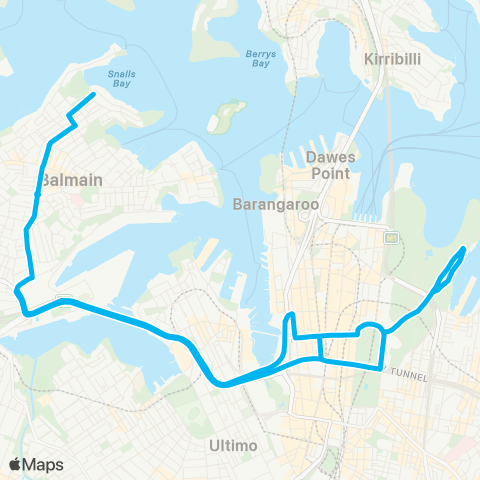 Sydney Buses Network Birchgrove to City Art Gallery via QVB (Loop Service) map
